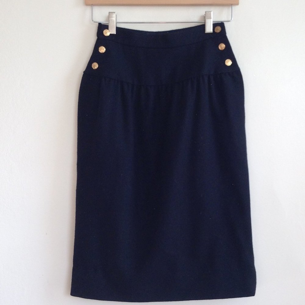 Vtg Chanel Black Wool Sailor Logo Gold Buttons High-waist Straight Skirt 34 XXS